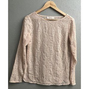 Ann Taylor LOFT Shirt Womens XS Peach Lace Sheer Long Sleeve Pull Over